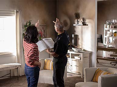 ServiceMaster Restore technician observing fire and smoke damage with homeowner