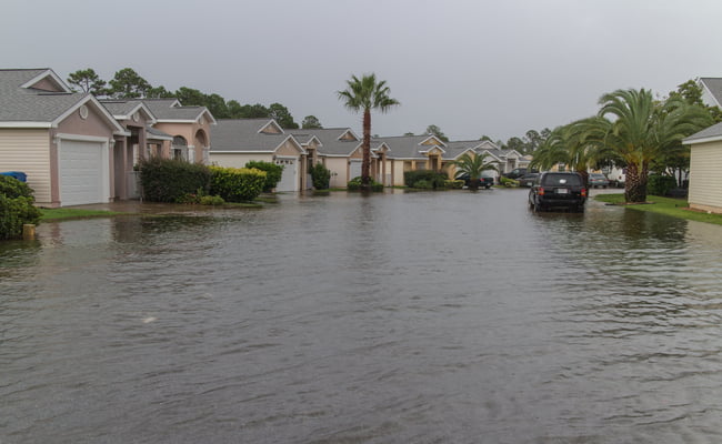 floodeded neighborhood during flood warning