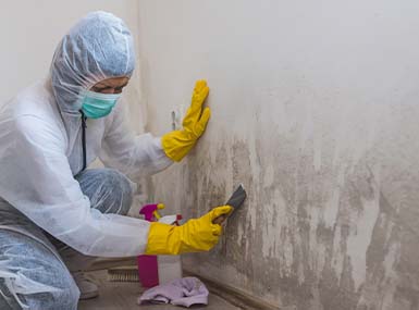 ServiceMaster Restore technician removing mold from wall
